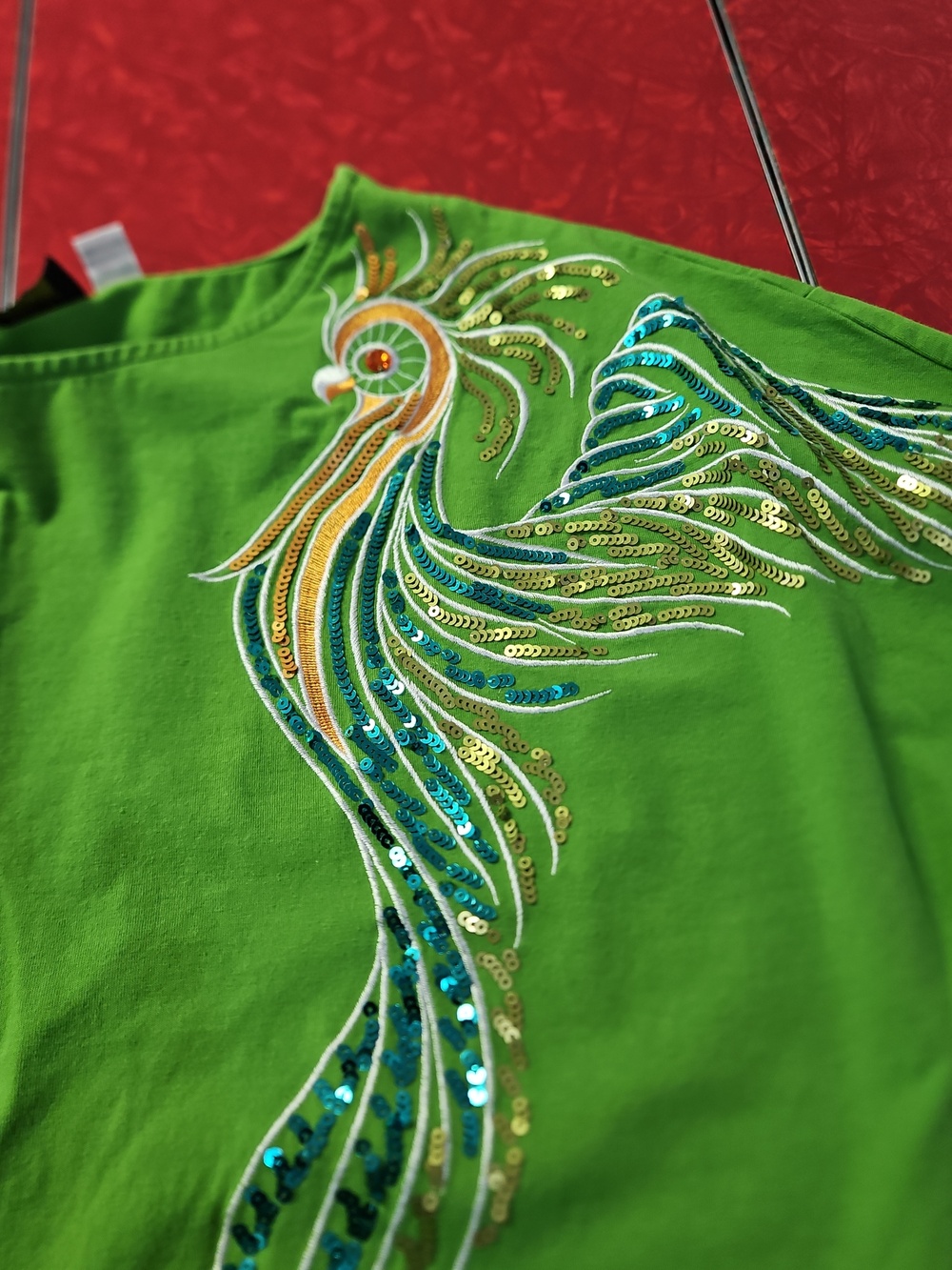 Bob Mackie Bright Green Tee Exotic Tropical Bird Sequin with Gold Label